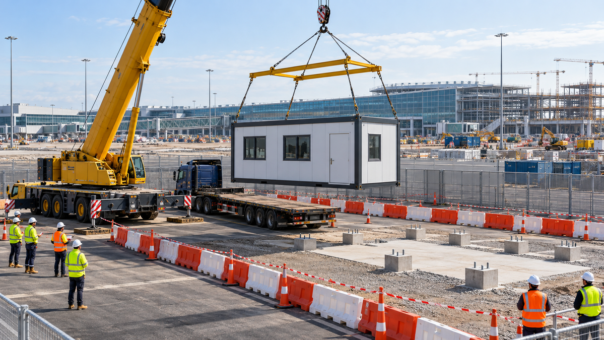 Modular Office Delivery at Airport Construction Compound Modular Office Delivery at Airport Construction Compound